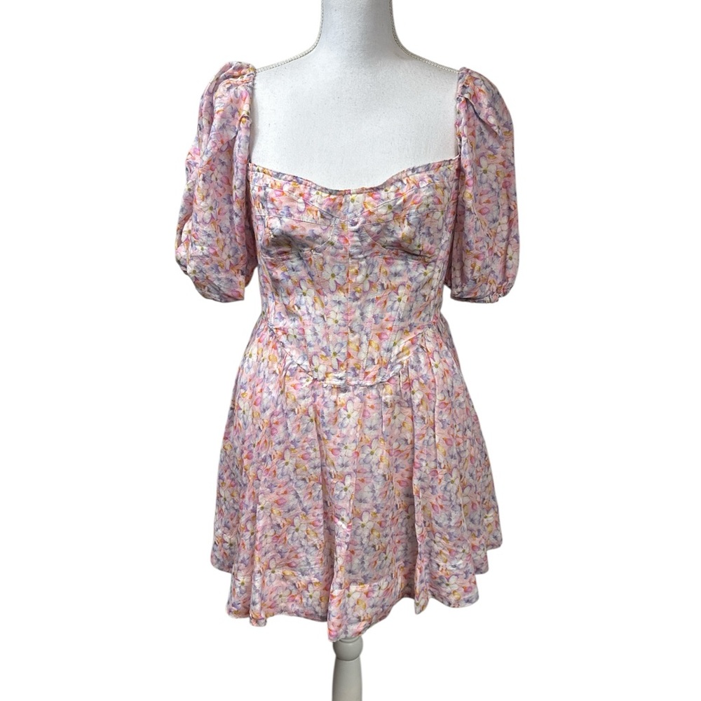 BARDOT Kiah Colorful Floral Cottagecore Corset Puff Sleeve Mini Dress Size Large - Picture 2 of 11